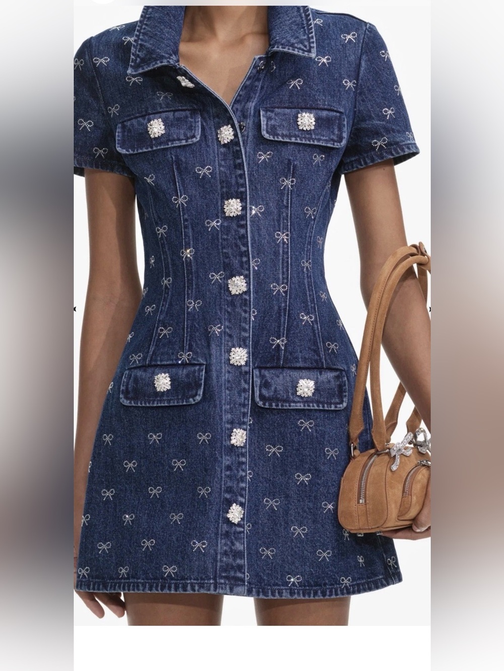 Self Portrait DENIM DIAMANTE BOW COLLARED MINI DRESS Size 2 (worn Once)
